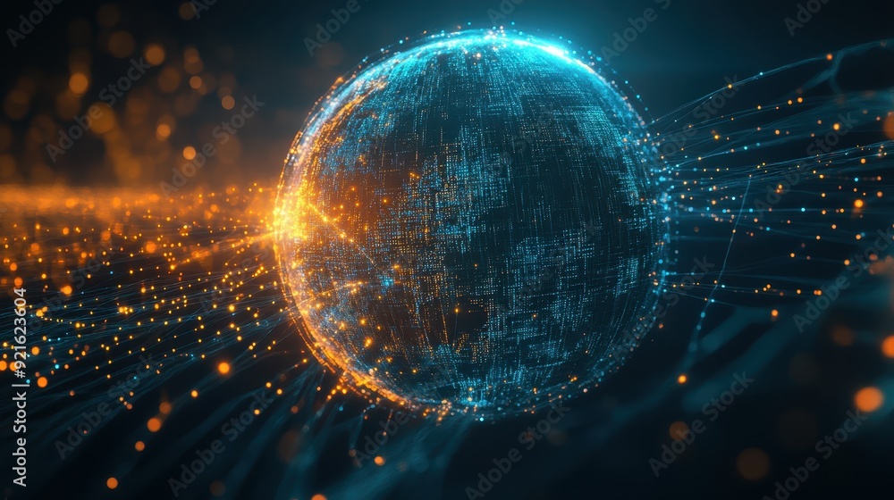 Poster globe with digital data streams flowing into it, symbolizing global ai connectivity, with copy space