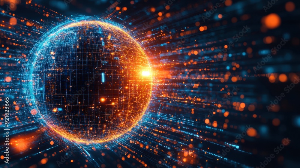 Poster glowing ai-powered globe with digital data streams flowing into it, symbolizing global ai connectivi