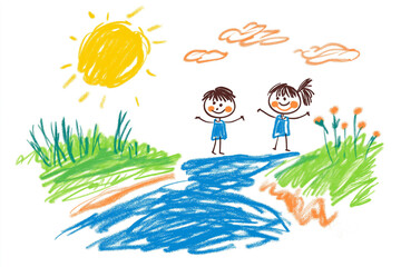 Children art in notebook kids design by Color pencil. Children hand-drawn the river. Stick figure illustration isolated on a white background. art book
