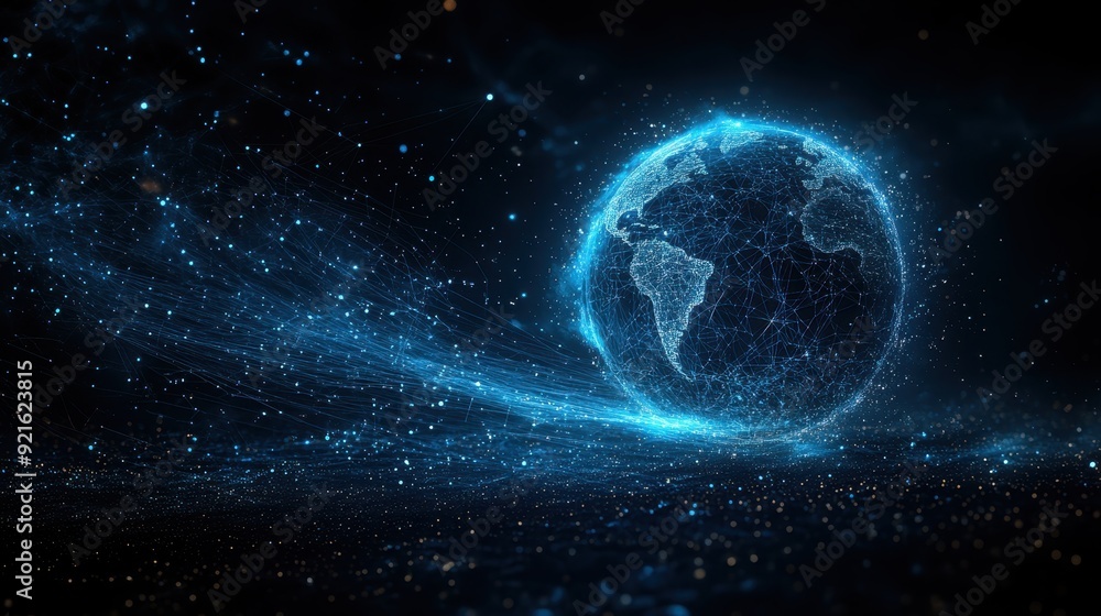 Poster glowing ai-powered globe with digital data streams flowing into it, symbolizing global ai connectivi