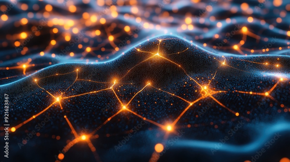 Poster a glowing neural network visualized as an interconnected web of light, symbolizing the complexity of