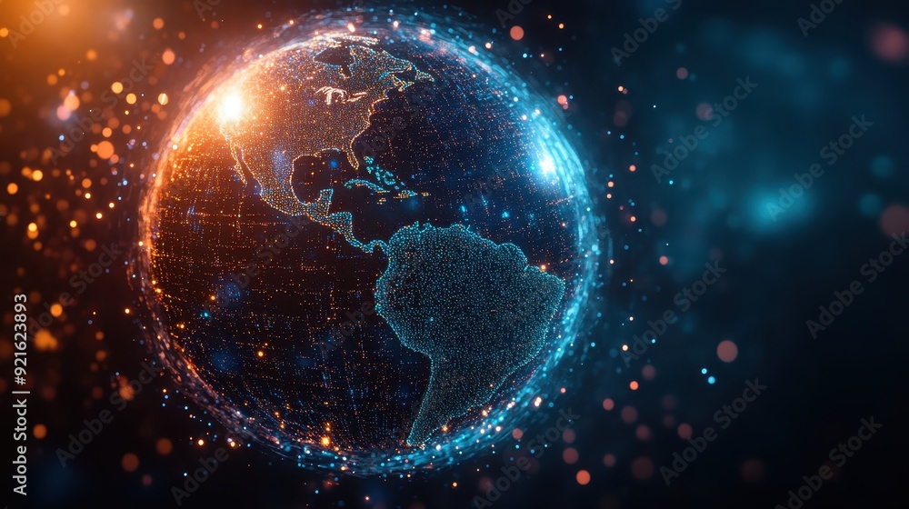 Poster glowing ai-powered predictive model visualized as a holographic globe with data points, symbolizing 