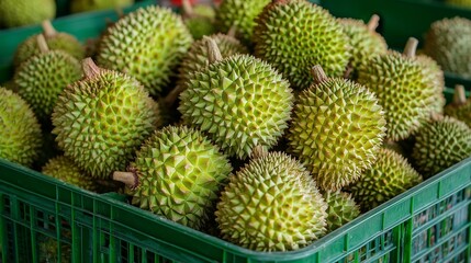 A vibrant display of fresh durians in a green basket, showcasing their unique spiky texture and exotic appeal.