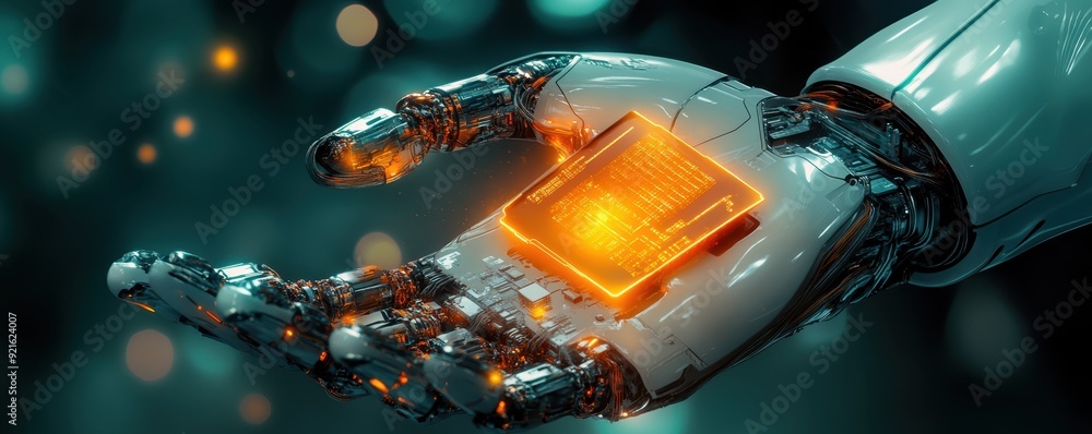 Poster a glowing ai-powered robotic hand holding a microchip, symbolizing the precision and advancement of 