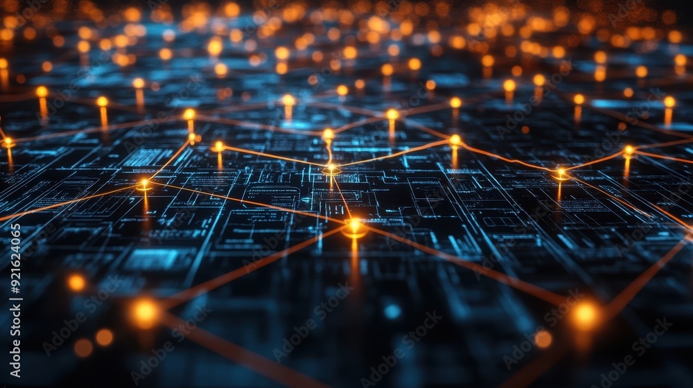 Poster A glowing AI-powered social network with algorithms visualized as interconnected nodes, symbolizing digital connectivity and communication, with copy space for text 