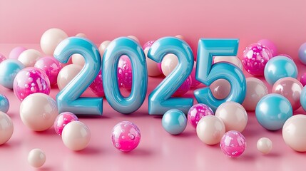 Vibrant 2025 Celebration Poster: Shiny Blue Numbers Surrounded by Colorful Spheres for a Festive Sports Interior Decor!