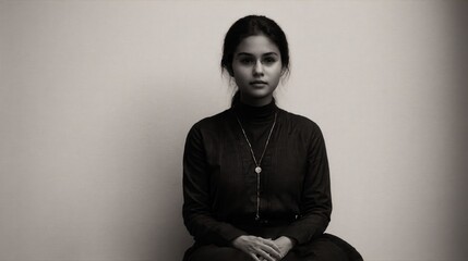 Generative AI, Calm composure and quiet strength of a seated woman in a minimalist grayscale portrait