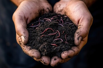 Close-up of hands holding rich soil with earthworms, highlighting organic composting, soil health, and sustainable farming practices.
