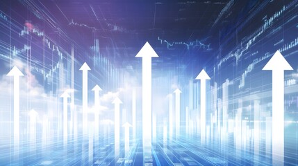 Stock Market Graph with Upward Arrow Symbolizing Growth and Success in Financial Industry, Digital Grid Pattern with Trading Charts on Virtual Sky Backdrop, Including Downward Arrows for Stock Movemen