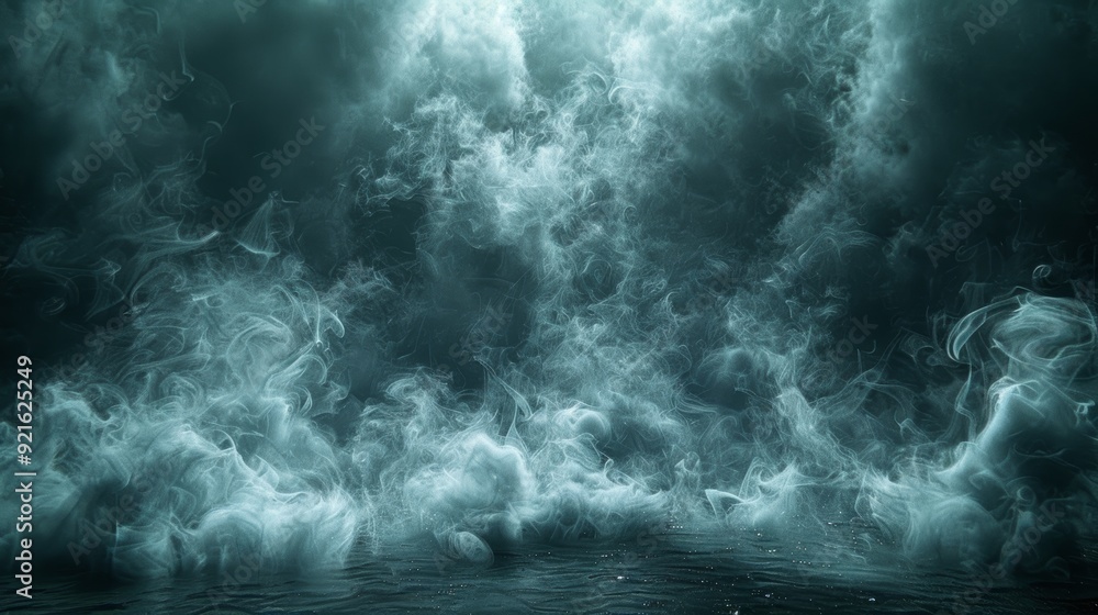 Poster mist rises over a tranquil body of water during twilight, creating an ethereal atmosphere enveloped 