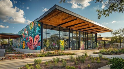 Obraz premium Vibrant Community Art Hub: Whimsical Botanical Murals and Stylish Glass-Wood Design Perfect for Event Posters and Colorful Space Decor