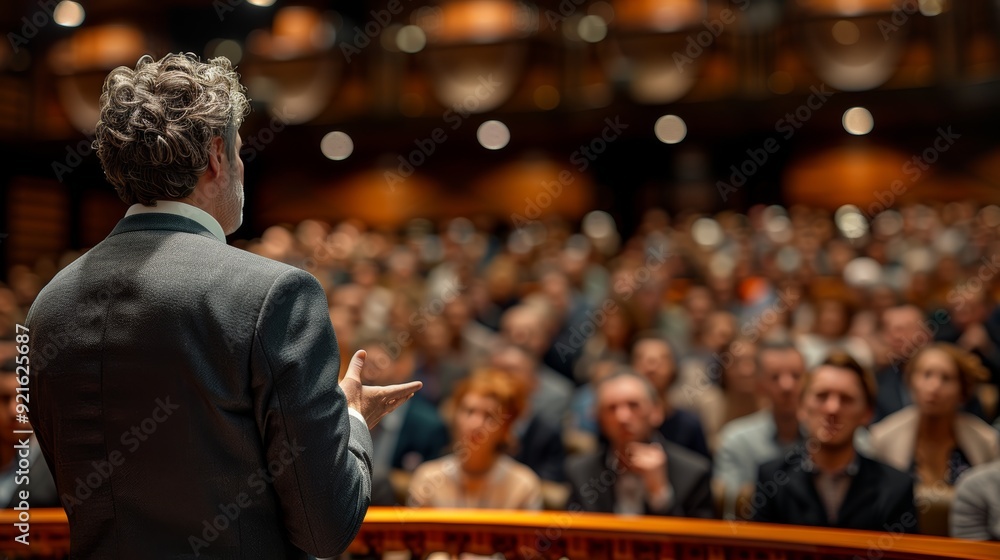 Poster speaker addressing a captivated audience in a theater during a conference event in the evening