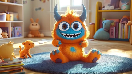 Adorable Orange and Blue Monster: A Cheerful Poster for Kids' Rooms, Perfectly Placed on a Cozy Rug Surrounded by Playful Books and Plush Toys!