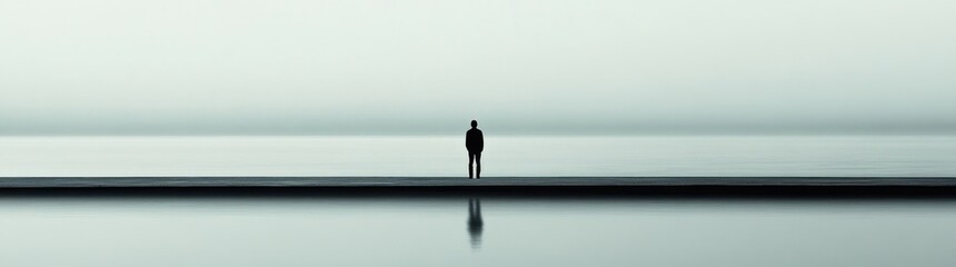 Obraz premium A Solitary Figure Standing on a Pier Overlooking a Calm Sea