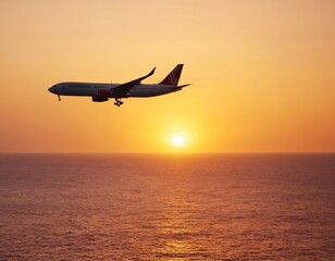 Airplane flying above tropical sea at sunset. Ai generated image.