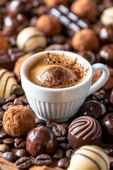 a steaming cup of espresso elegantly surrounded by roasted coffee beans and artisanal chocolates.
