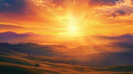 Radiant sunrise over rolling hills, representing the spiritual awakening and the promise of new beginnings
