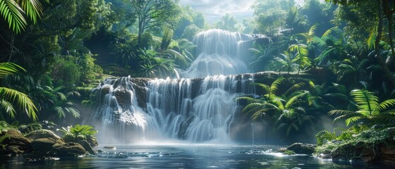 Serene tropical waterfall surrounded by lush green foliage and a reflective pond, exuding tranquility and natural beauty.