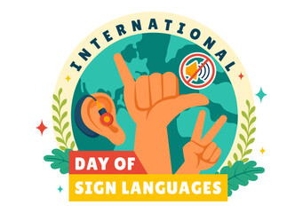 International Day of Sign Languages Vector Illustration Featuring People Demonstrating Hand Gestures and Hearing Disability in a Flat Background