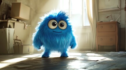 Whimsical Furry Blue Monster with Expressive Eyes: Perfect Poster for Sporty Interiors, Bringing Joy and Imagination to Sunlit Rooms with Soft Shadows!