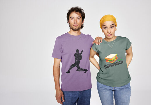 Mockup of a Multiracial Modern Couple. Arab Young Woman With Hijab and White Young Man. Customizable T-Shirts in Color and Logo. Front.