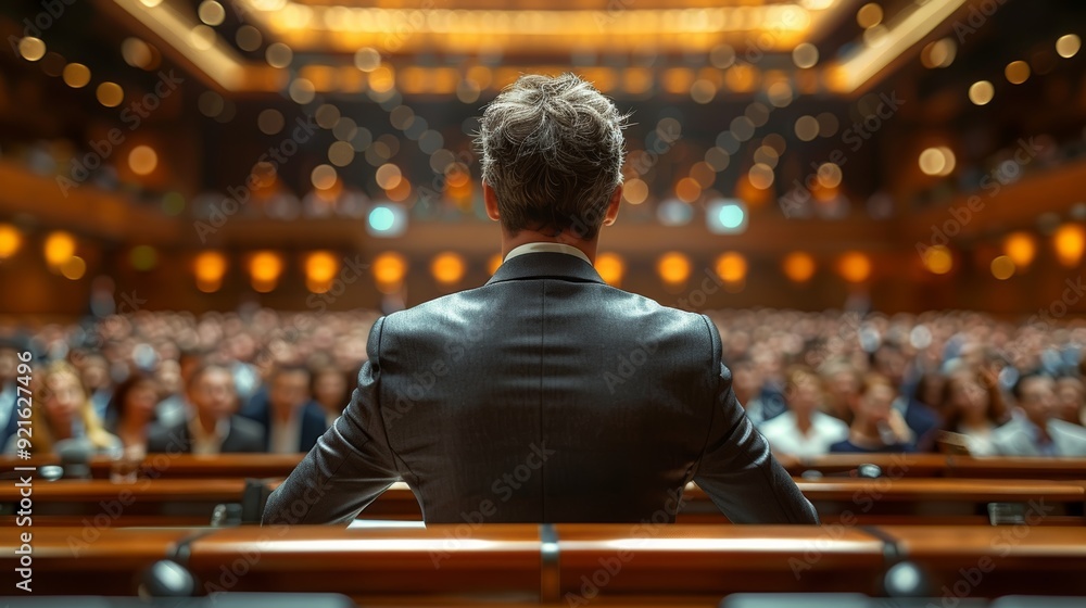 Poster speaker addressing a large audience in a grand hall during a formal event
