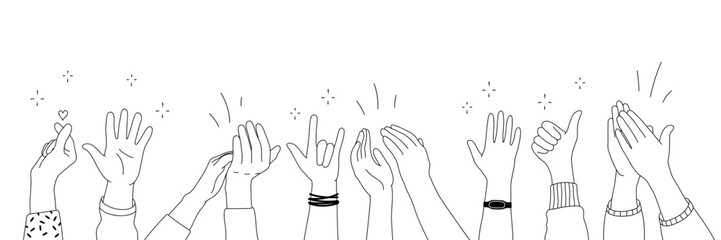 Applause hands set on doodle style. Human hands sketch, scribble arms wave clapping on white background, thumb up gesture silhouette, vector illustration