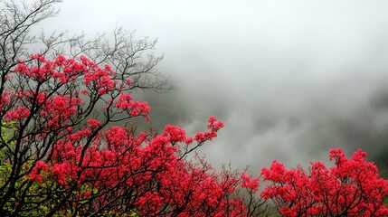 Vibrant Pink Azalea Flowers Blooming in Morning Sunlight Amidst Foggy Mountain Range at Hwangmaesan Mountain, Hapcheon-gu