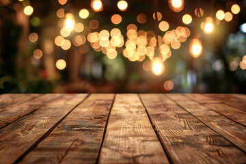 Rustic Wooden Table with Bokeh Lights – A Cozy and Festive Background for Holiday Decor and Warm Atmosphere
