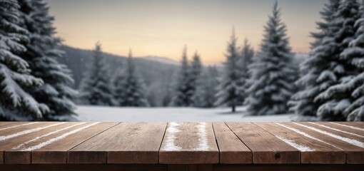 Empty wooden table in front of a Christmas tree snow background Ready for product display montage