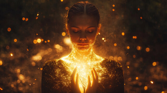 A serene woman with closed eyes, surrounded by radiant golden sparkles, exuding an aura of inner peace and mystical energy.