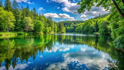 Tranquil lake surrounded by lush green forest, nature, water, trees, reflection, peaceful, serene, landscape, scenery