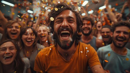 Obraz premium Celebration of joy in a crowded venue with confetti flying during a vibrant event