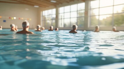 Obraz premium A group of people swimming in an indoor pool with large windows, enjoying a swim session in natural light.