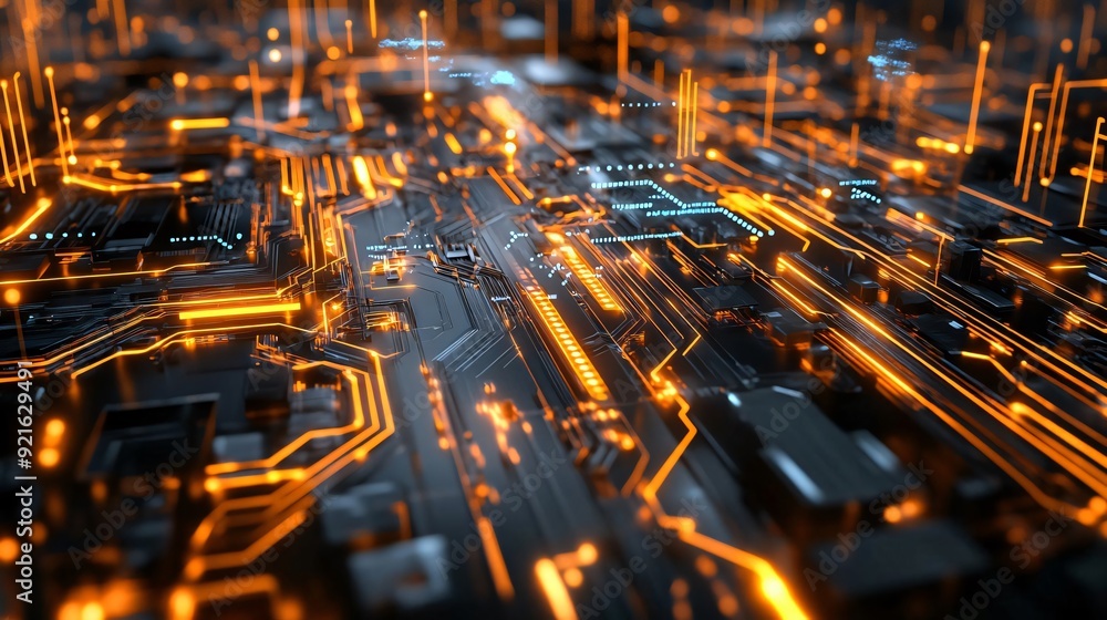 Poster an abstract representation of a digital circuit, showcasing vibrant orange lines illuminated against