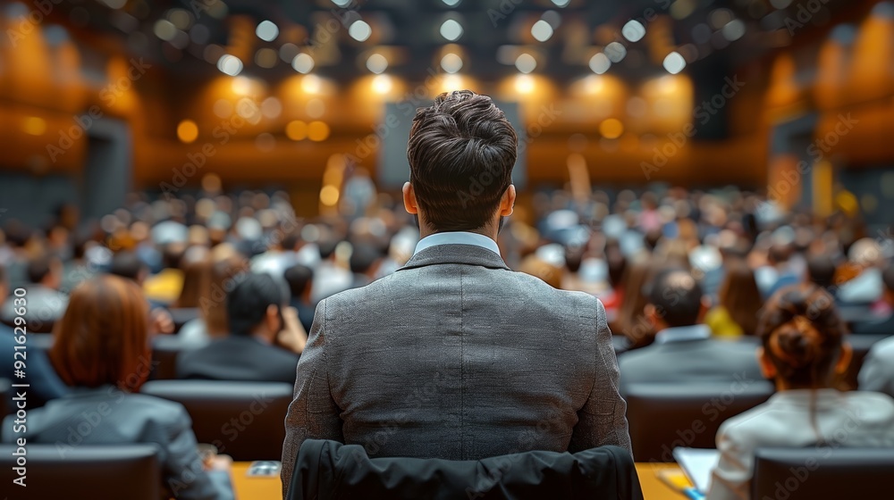 Poster attendee in formal attire listening to a speaker at a conference in a large auditorium during a busi