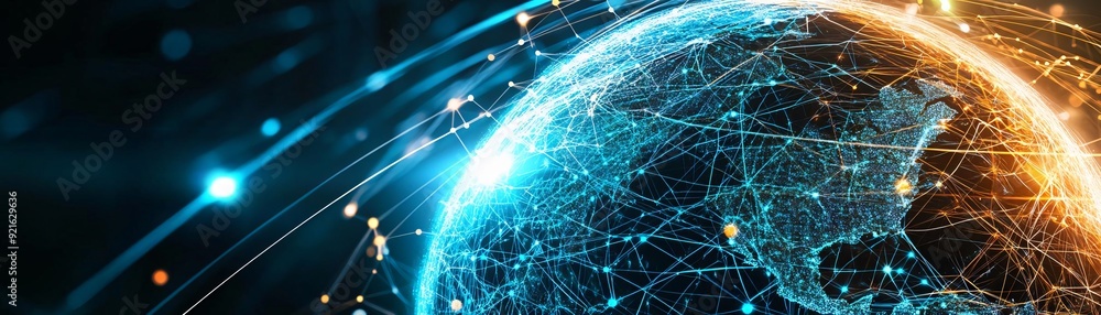 Poster a stunning visual of earth highlighted by vibrant connections, representing global networking and te