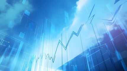 Stock Market Graph with Upward Arrow Symbolizing Growth and Success in Financial Industry, Digital Grid Pattern with Trading Charts on Virtual Sky Backdrop, Including Downward Arrows for Stock Movemen
