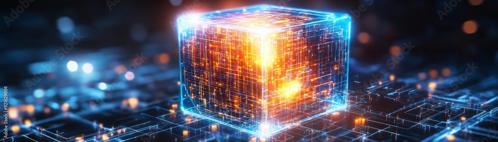 Aufkleber a glowing 3d cube surrounded by digital circuitry, symbolizing technology and innovation in a futuri
