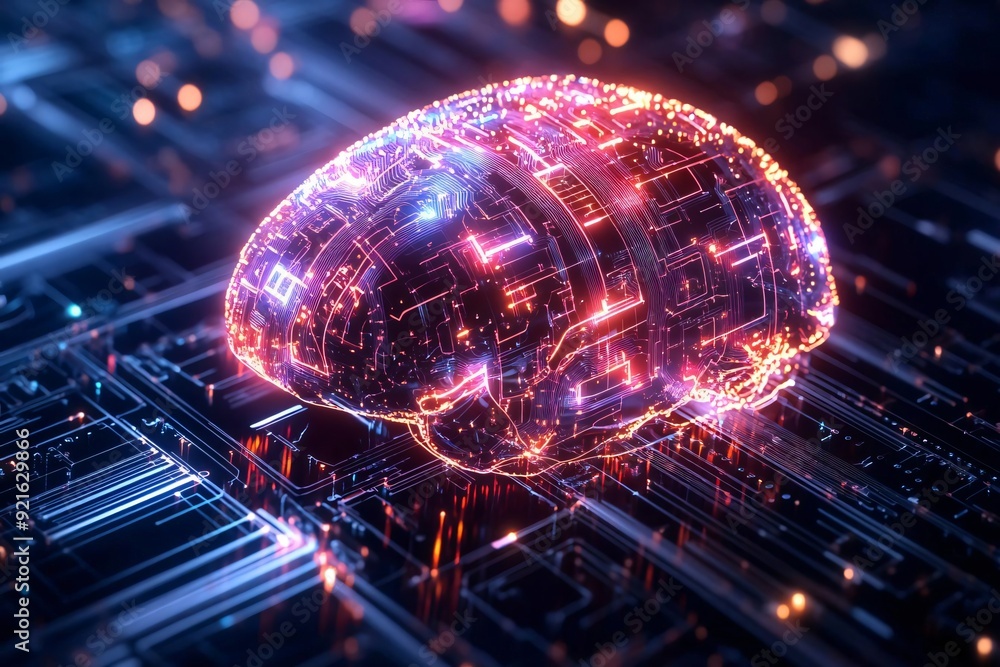 Poster a futuristic representation of a digital brain made of glowing circuits, symbolizing advanced techno