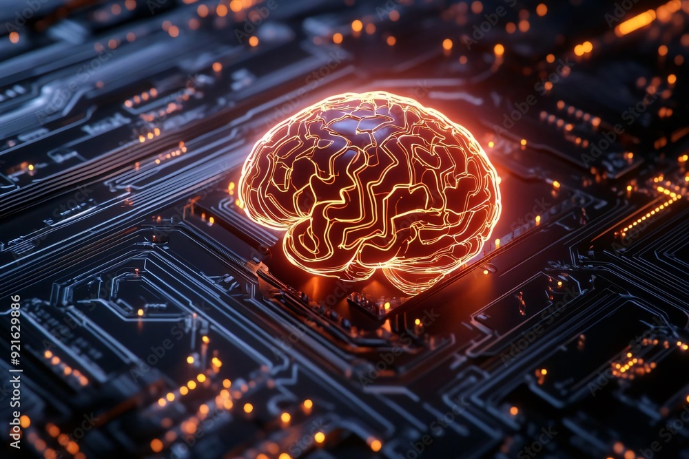 Poster a futuristic depiction of a glowing brain on a circuit board, symbolizing the intersection of techno