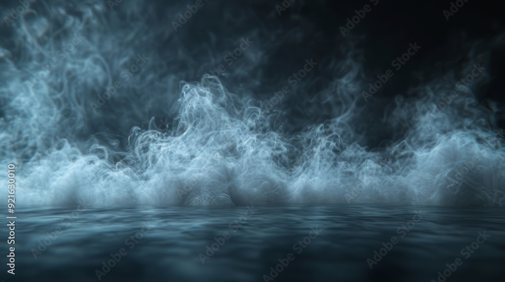 Poster mist rises over a calm water surface during twilight in a serene and tranquil setting
