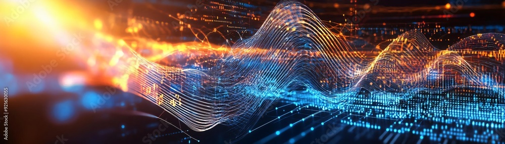 Poster vibrant digital waves with warm and cool tones, representing data flow and technology in a futuristi
