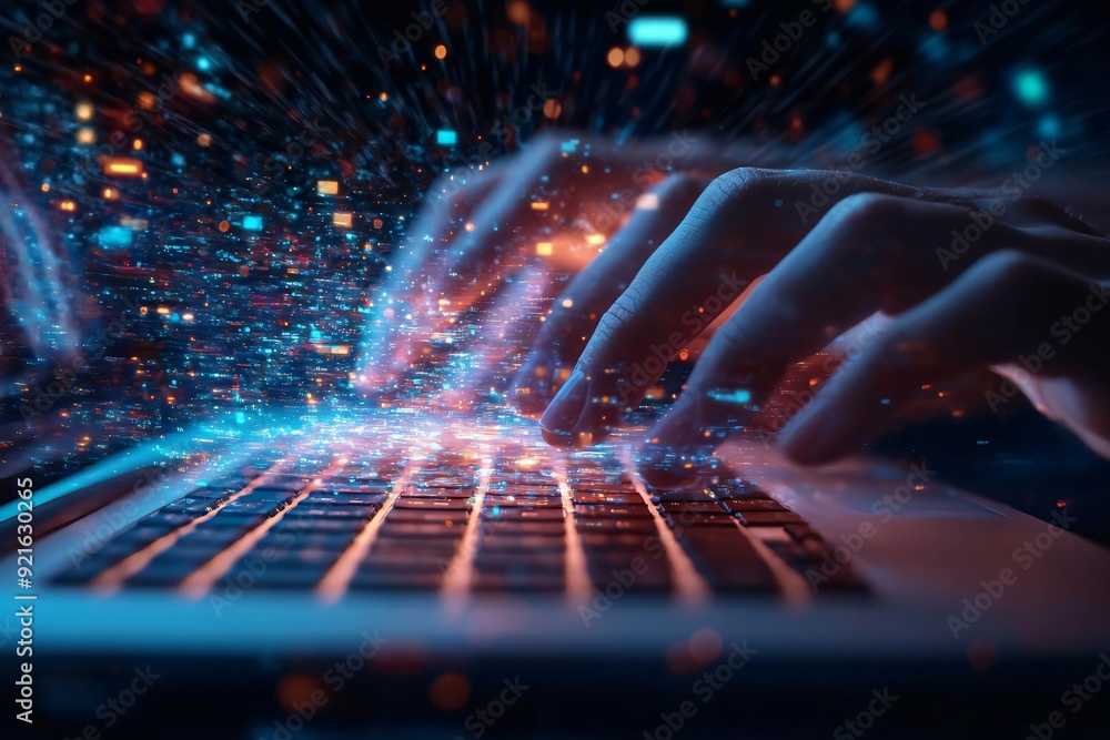 Poster dynamic view of hands typing on a laptop, surrounded by vibrant digital elements, symbolizing techno