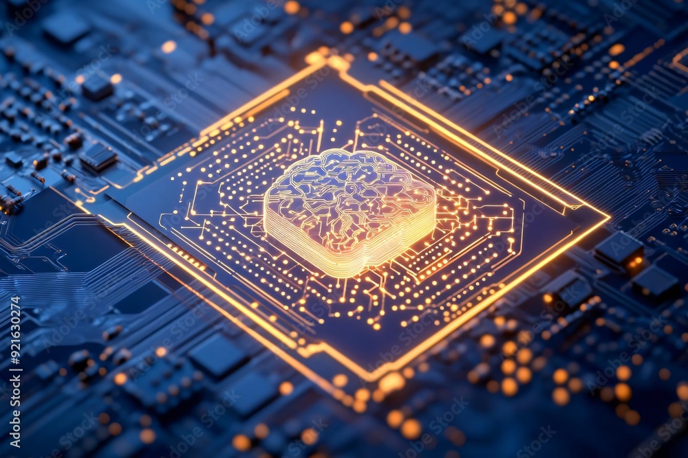 Poster close-up of a glowing microchip on a circuit board, showcasing modern technology and intricate desig