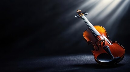 A violin illuminated by a spotlight on a black background.