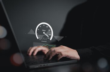 Fast internet speed test, bandwidth network connection. Man using laptop computer to check wireless...