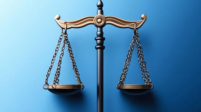 Elegant justice scale symbolizing balance and fairness against a serene blue background, ideal for legal and ethical themes.
