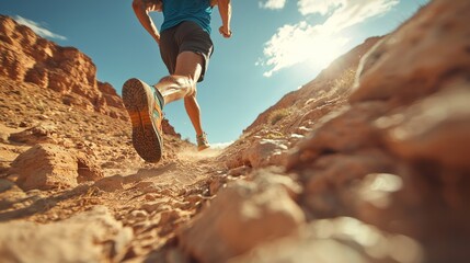 Trail runner ascending rocky terrain under bright sunlight