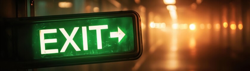 Green exit sign with arrow pointing right in a dark hallway.